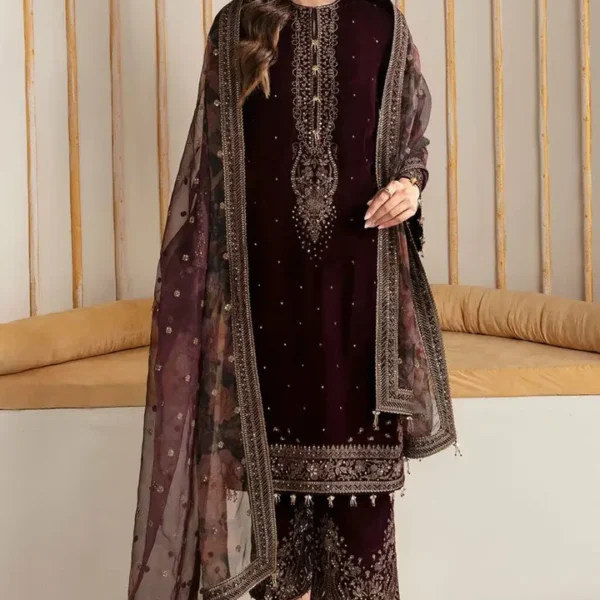 SR-1015 Sequence Embroidered 9000 Micro Velvet 3Pc With Organza Embroidered Dupatta