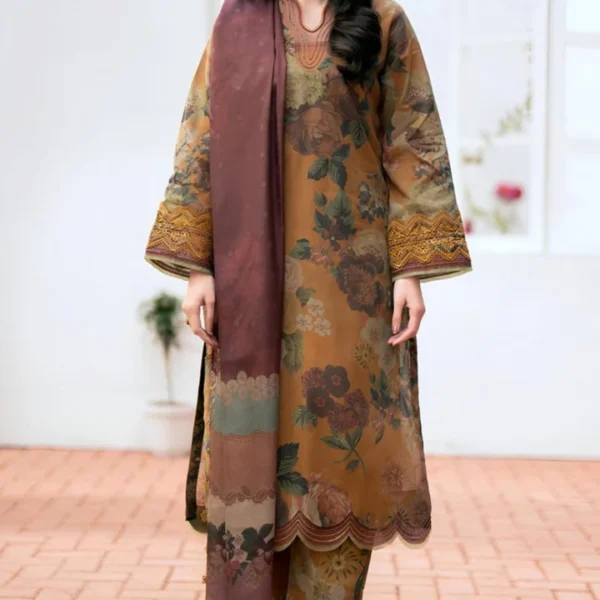 Digital Printed Khaddar Suit 3pc with Khaddar Digital Printed Dupatta & Embroidered Patches