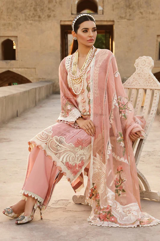 SR-28 Lawn Unstitched Embroidered 3pc Suit With Organza Embridered Dupatta