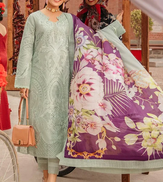 SR-MS42 Embroidered Chikenkari Unstitched Lawn 3pc Suit With Silk Printed Dupatta