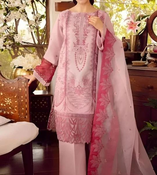 SR-RA46 Embroidered Unstitched Lawn 3Pc Suit With Organza Embroidered Dupatta