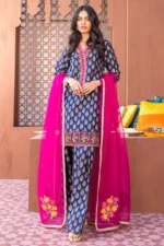 Digital Printed Lawn 3pc Suit With Digital Printed Poly Lawn Dupatta & Embroidered Patches