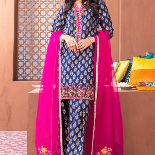 Digital Printed Lawn 3pc Suit With Digital Printed Poly Lawn Dupatta & Embroidered Patches