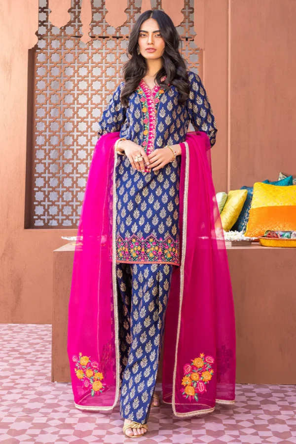 Digital Printed Lawn 3pc Suit With Digital Printed Poly Lawn Dupatta & Embroidered Patches