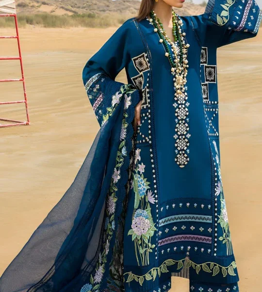 SR-CM30 Lawn 3Pc Unstitched Heavy Embroidered Lawn Suit With Embroidered Organza Dupatta