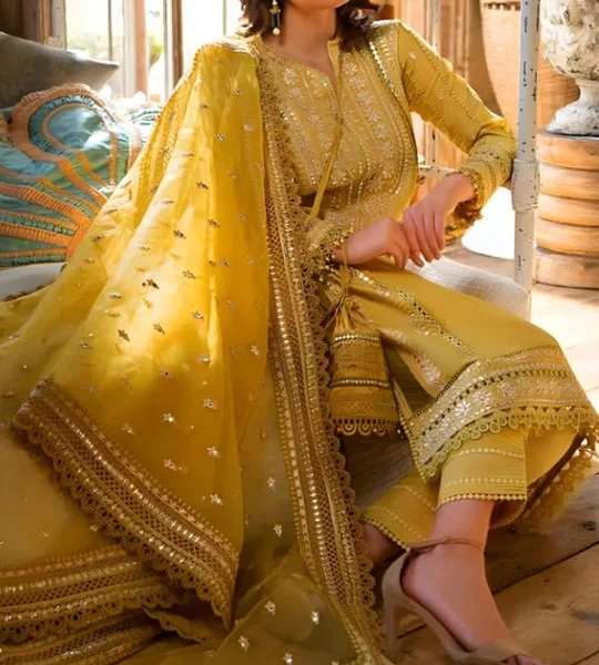 SR-1342 Sequence Embroidered Unstitched Lawn 3pc Suit With Sequence Embroidered Organza Dupatta