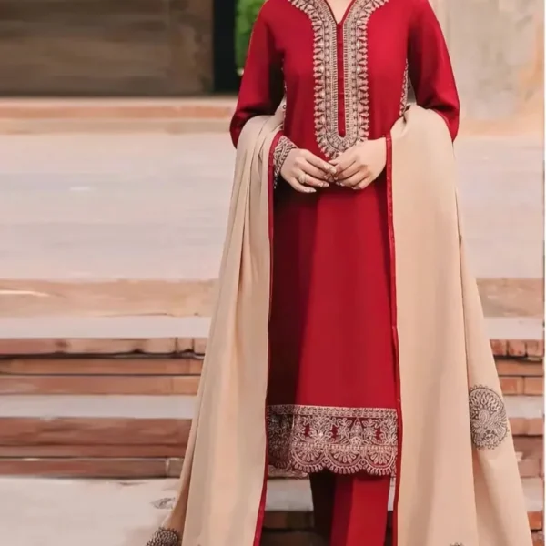 SR-MK970 Unstitched Embroidered Dhanak Suit With Embroidered Dhanak Shawl