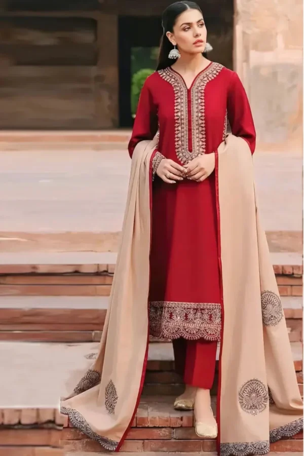 SR-MK970 Unstitched Embroidered Dhanak Suit With Embroidered Dhanak Shawl