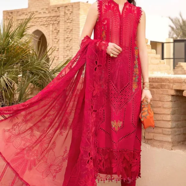 SR-2590B Lawn Unstitched Embroidered 3pc Suit With Organza Embroidered Dupatta