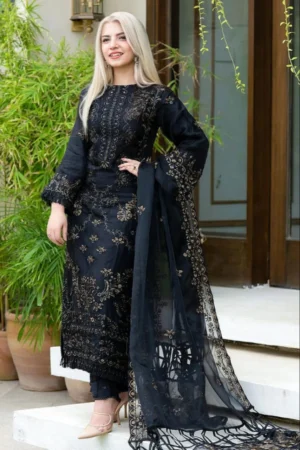 SR-NS32 Un-Stitched Lawn Embroidered 3pc With Organza Embroidered Dupatta