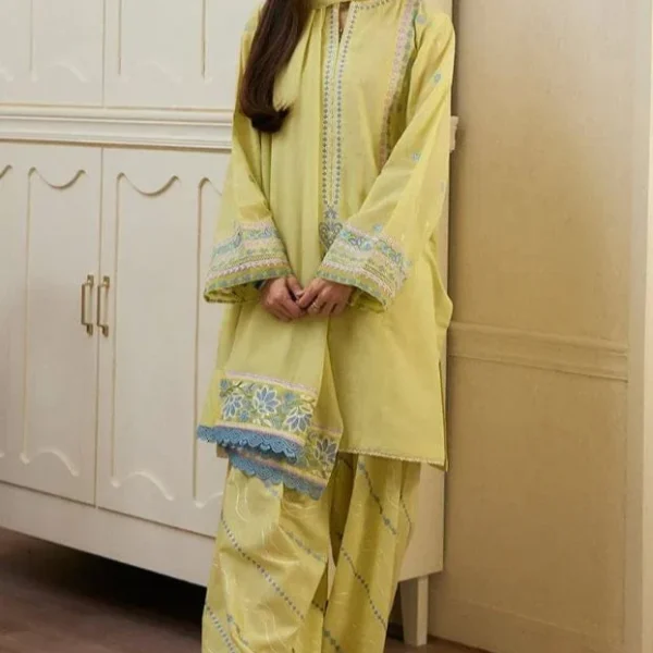SR-ZS2635 Lawn Unstitched 3pc Embroidered Suit With Cotton Net Embroidered Dupatta