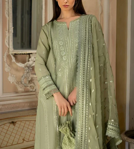 SR-SN60 3Pc Sequence Embroidered Lawn Suit With Sequence Embroidered Organza Dupatta