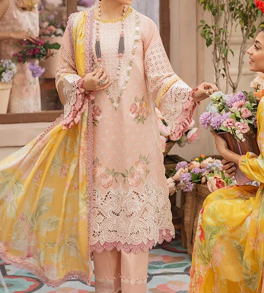 SR-MS22 Embroidered Unstitched 3Pc Chikenkari Lawn Suit With Silk Printed Dupatta