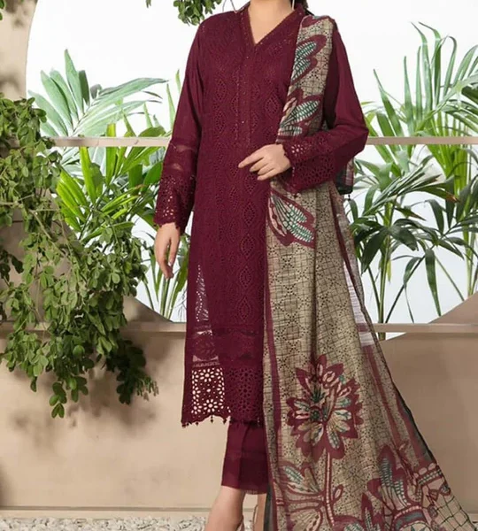 SR-100 Lawn Embroidered 3pc Suit With Monar Zari Dupatta