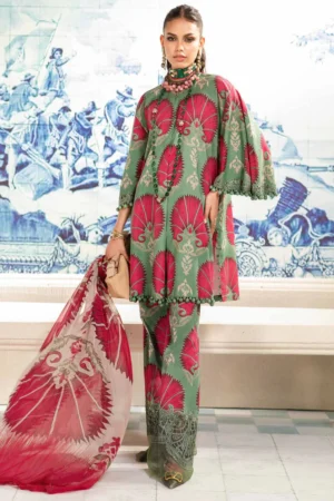SR-MB74 Digital Printed 3pc Unstitched Lawn Suit With Chiffon Dupatta & Embroided Patches