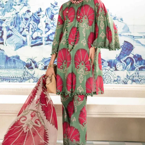 SR-MB74 Digital Printed 3pc Unstitched Lawn Suit With Chiffon Dupatta & Embroided Patches