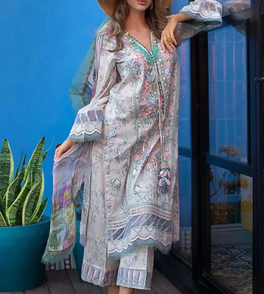 3pc Unstitched Digital Printed Lawn Suit With Silk Digital Printed Dupatta & Embroidered Laces