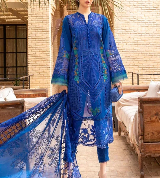 SR-2590 Lawn Unstitched Embroidered 3pc Suit With Organza Embroidered Dupatta