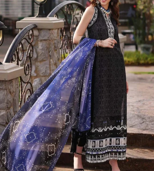 SR-303 Unstitched Sequence Embroidered Lawn 3pc Suit With Silk Printed Dupatta