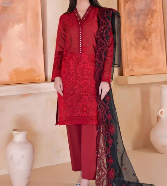 SR-LM20 Chikenkari Unstitched Embroidered Lawn 3Pc Suit With Organza Embroidered Dupatta
