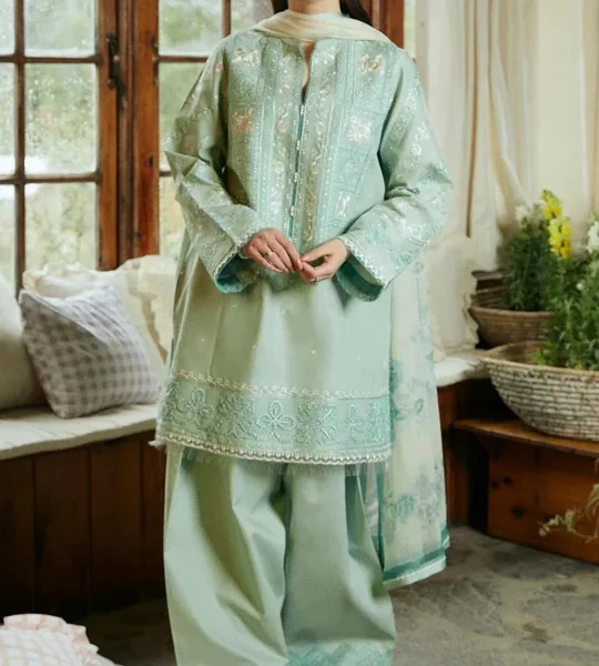 SR-49 Lawn Embroidered 3pc Suit With Printed Chiffon Dupatta