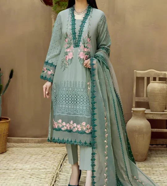 SR-LM16 Lawn Unstitched Embroidered 3pc Suit With Organza Embroidered Dupatta