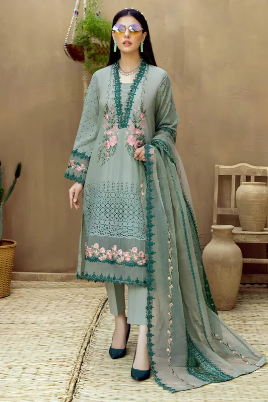 SR-LM16 Lawn Unstitched Embroidered 3pc Suit With Organza Embroidered Dupatta