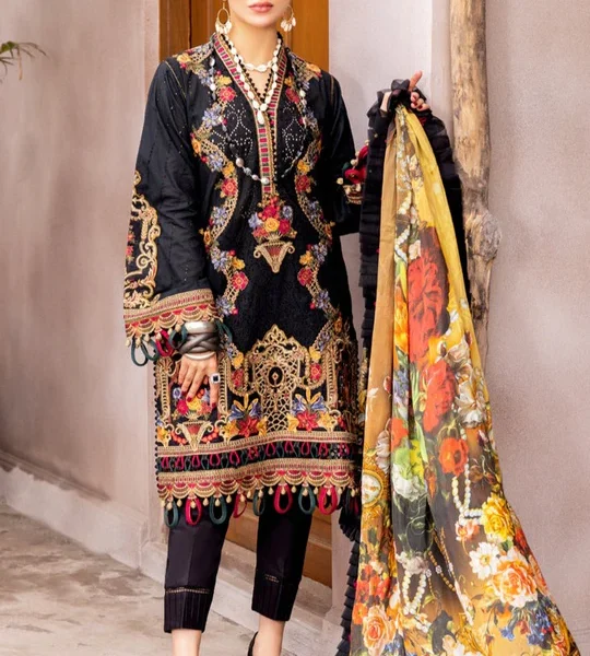 SR-311 Embroidered Unstitched Lawn 3pc Suit With Silk Printed Dupatta
