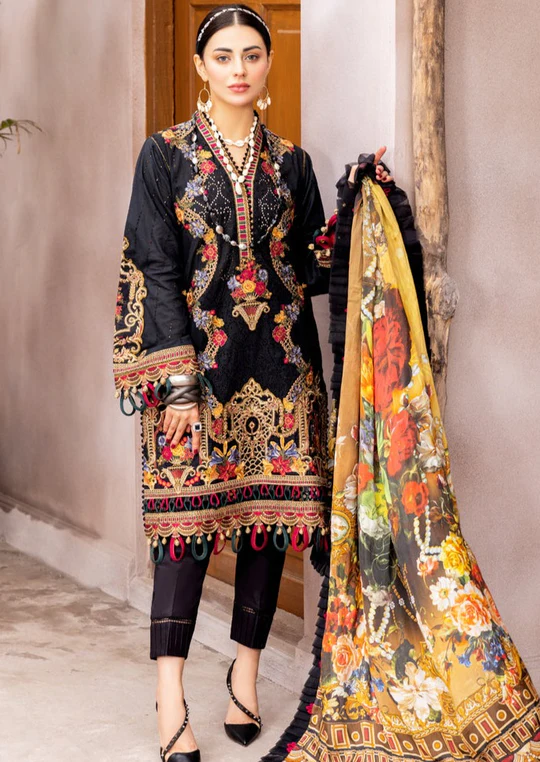 SR-311 Embroidered Unstitched Lawn 3pc Suit With Silk Printed Dupatta