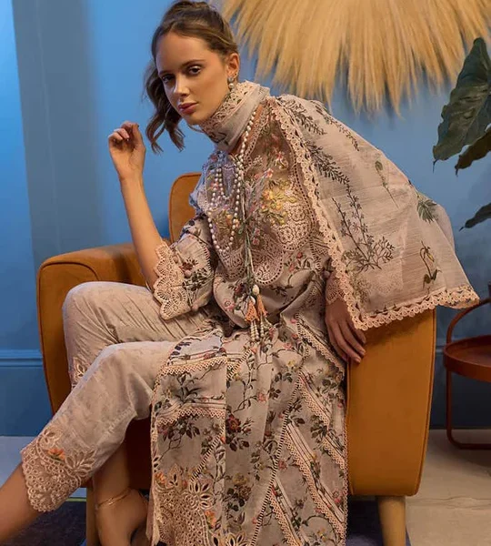 3pc Unstitched Digital Printed Lawn Suit With Silk Digital Printed Dupatta & Embroidered Laces