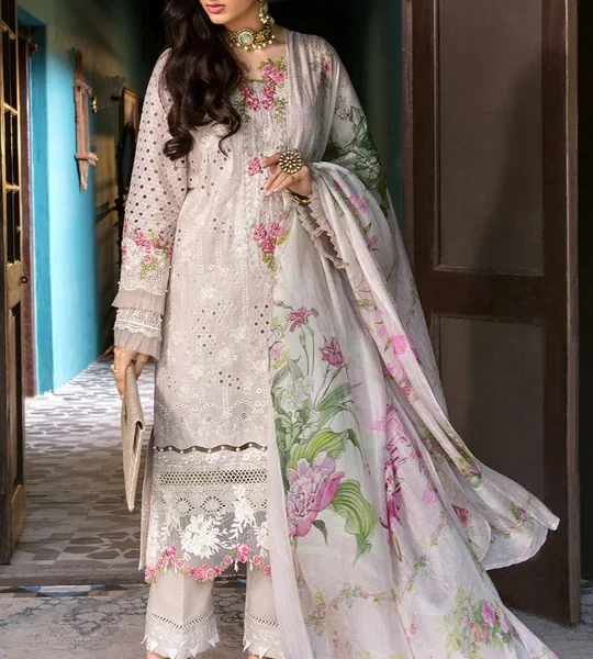 SR-EL12 Lawn Unstitched 3pc Fully Embroidered Suit With Silk Printed Dupatta