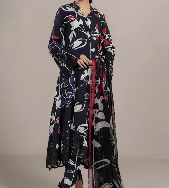 3pc Digital Printed Unstitches Lawn Suit With Crinkle Chiffon Dupatta & Embroidered Laces