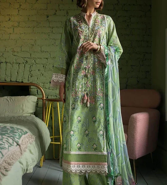 3pc Unstitched Digital Printed Lawn Suit With Silk Digital Printed Dupatta & Embroidered Laces