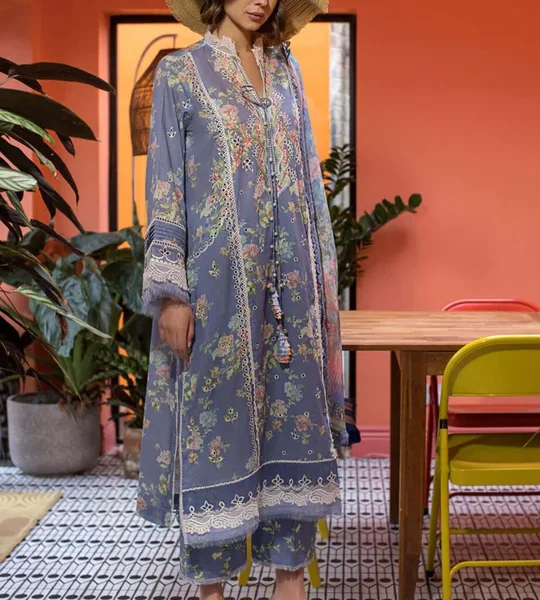 3pc Unstitched Digital Printed Lawn Suit With Silk Digital Printed Dupatta & Embroidered Laces