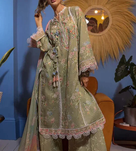 3pc Unstitched Digital Printed Lawn Suit With Silk Digital Printed Dupatta & Embroidered Laces