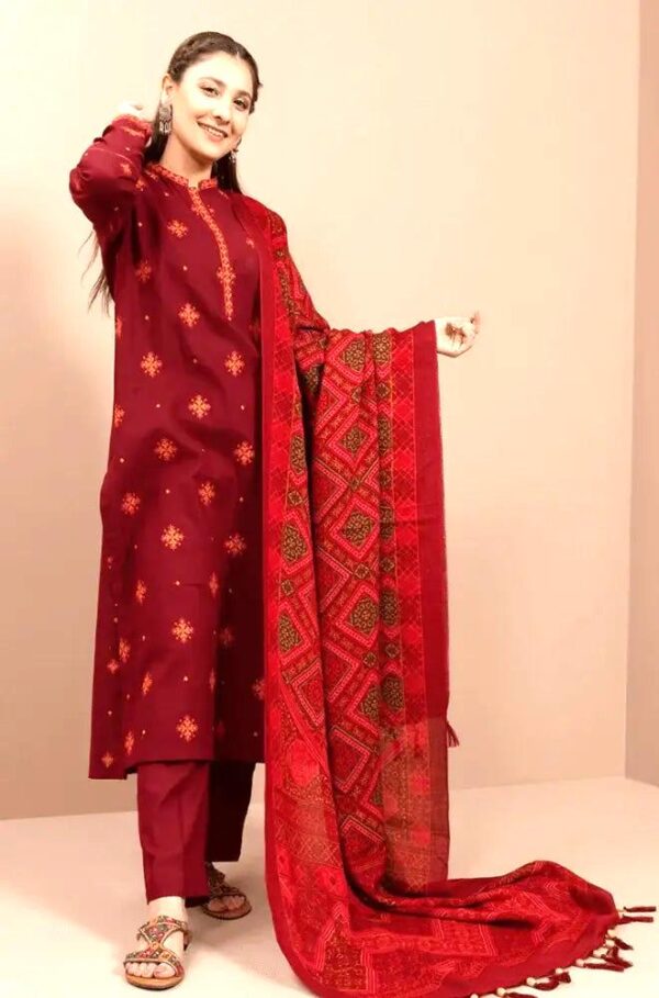 SR-750 Unstitched Embroidered Dhanak Suit Printed Woolen Shawl