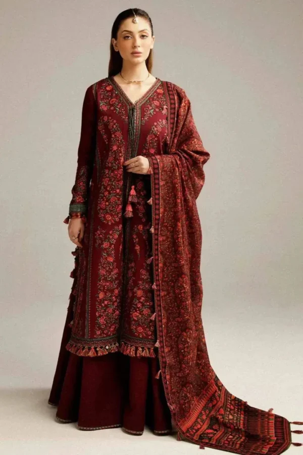 SR-730 Dhanak Embroidered Suit With Digital Printed Wool Shawl