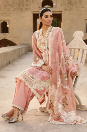 SR-28 Lawn Unstitched Embroidered 3pc Suit With Organza Embridered Dupatta