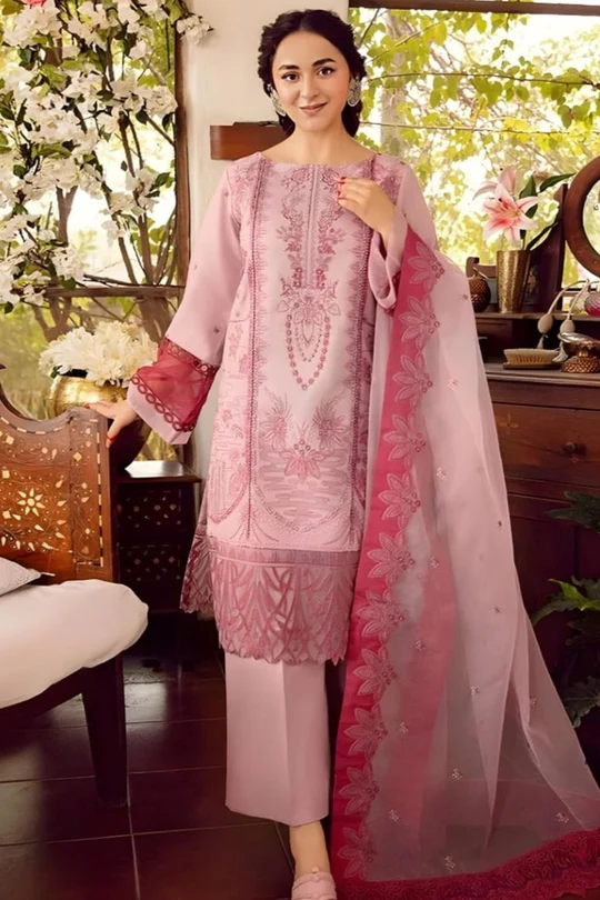 SR-RA46 Embroidered Unstitched Lawn 3Pc Suit With Organza Embroidered Dupatta