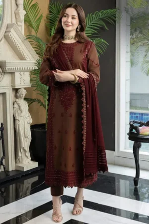 SR-AJ56 Unstitched Embroidered Lawn Suit With Embroidered Bamber Chiffon Embroidered Dupatta